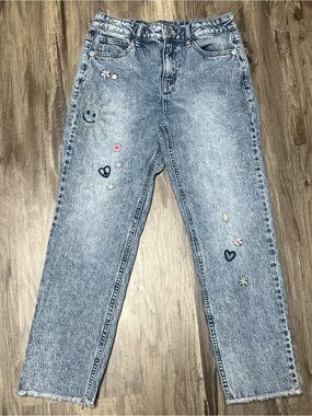 Cat and Jack Girls Embroidered Ankle Straight Jeans Size 12 Acid Wash